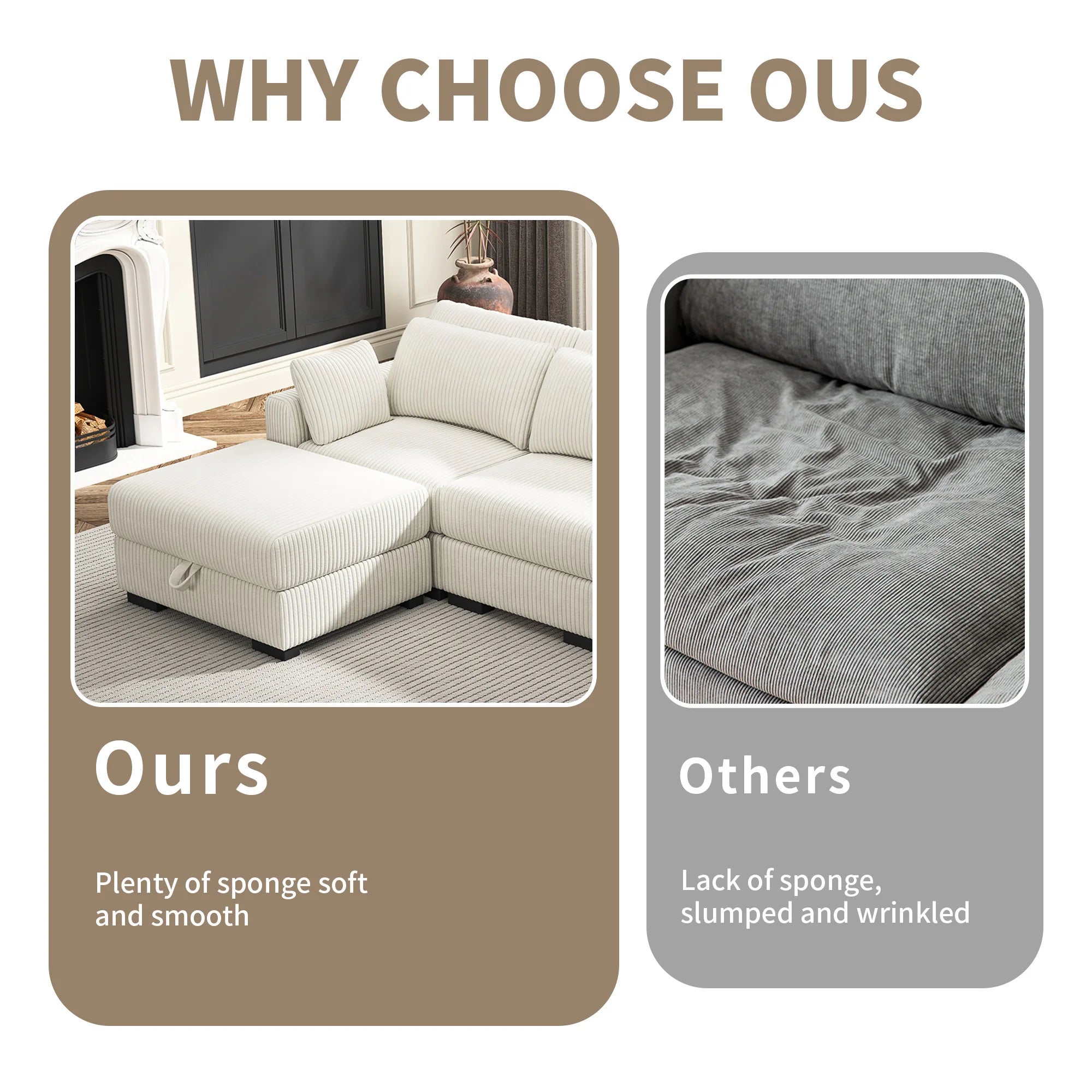 Canapé modulable en velours côtelé – Sofa d’angle en U avec coussins et accoudoirs larges, convertible avec rangement intégré