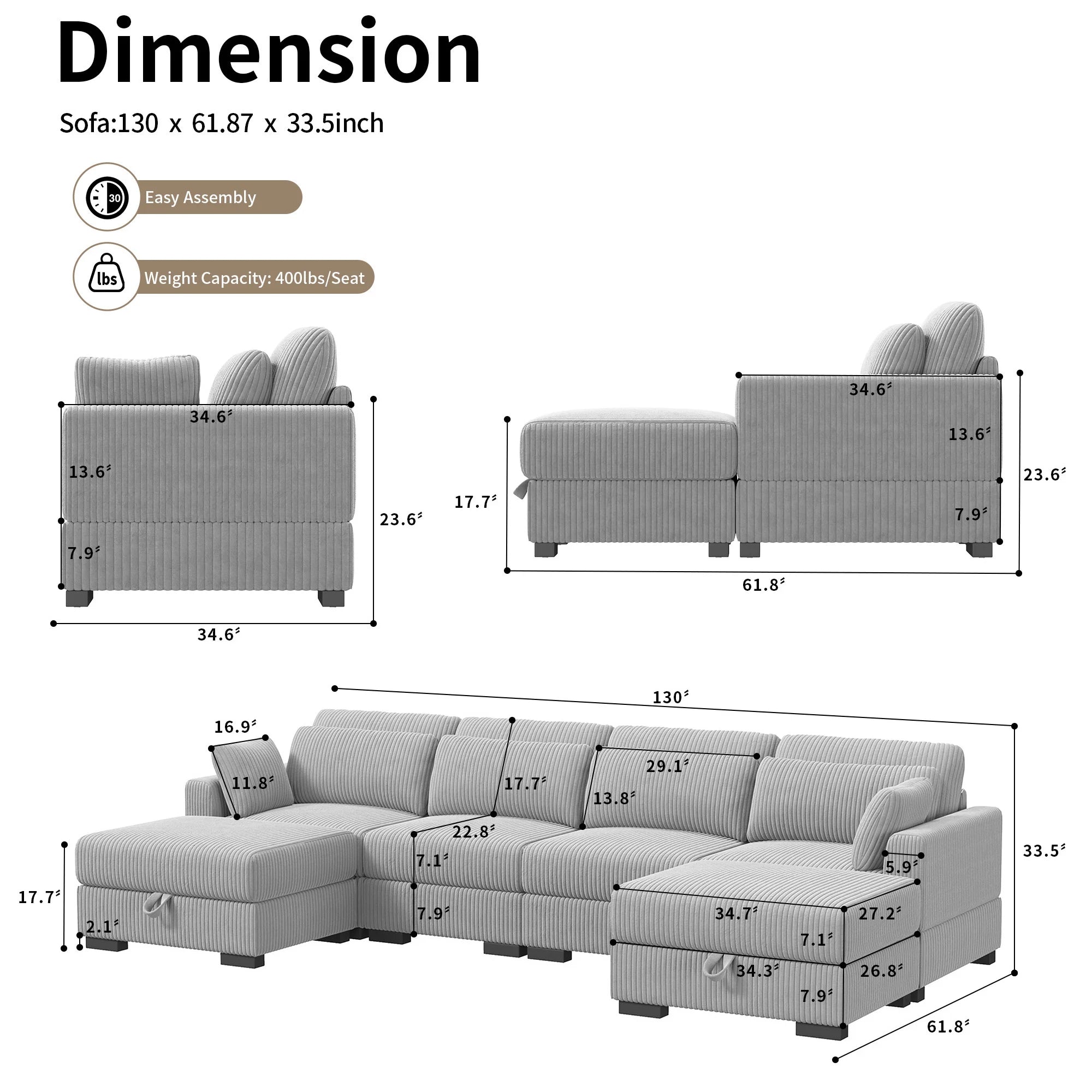 Canapé modulable en velours côtelé – Sofa d’angle en U avec coussins et accoudoirs larges, convertible avec rangement intégré