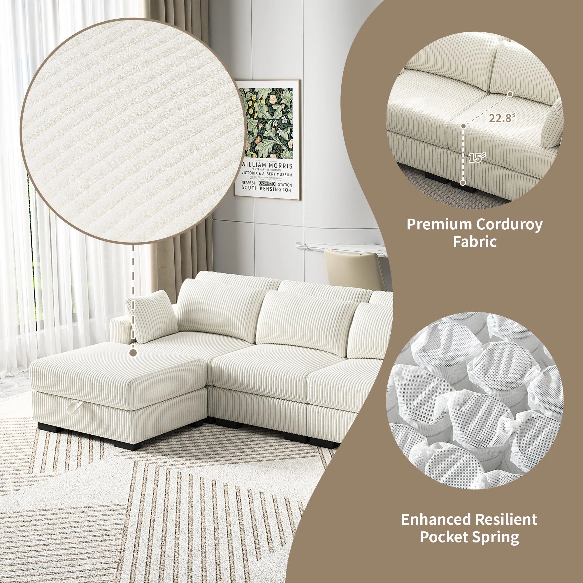 Canapé modulable en velours côtelé – Sofa d’angle en U avec coussins et accoudoirs larges, convertible avec rangement intégré