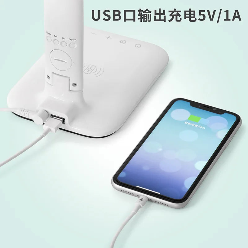 Lampe de bureau LED multifonction – Éclairage de table avec chargeur téléphone, réveil, ventilateur et porte-stylos