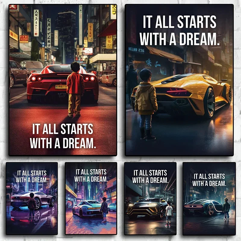 Affiche murale motivationnelle voiture de luxe – Poster citation "It Starts With A Dream", impression sur toile HD (sans cadre)