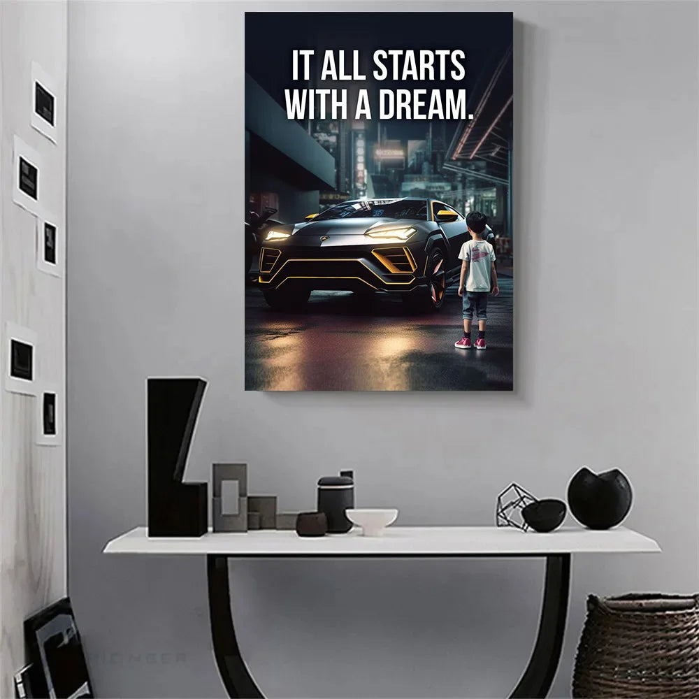 Affiche murale motivationnelle voiture de luxe – Poster citation "It Starts With A Dream", impression sur toile HD (sans cadre)