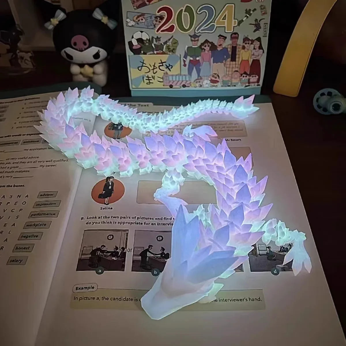 Dragon articulé 3D phosphorescent – Figurine cristal rotative, jouet décoratif lumineux