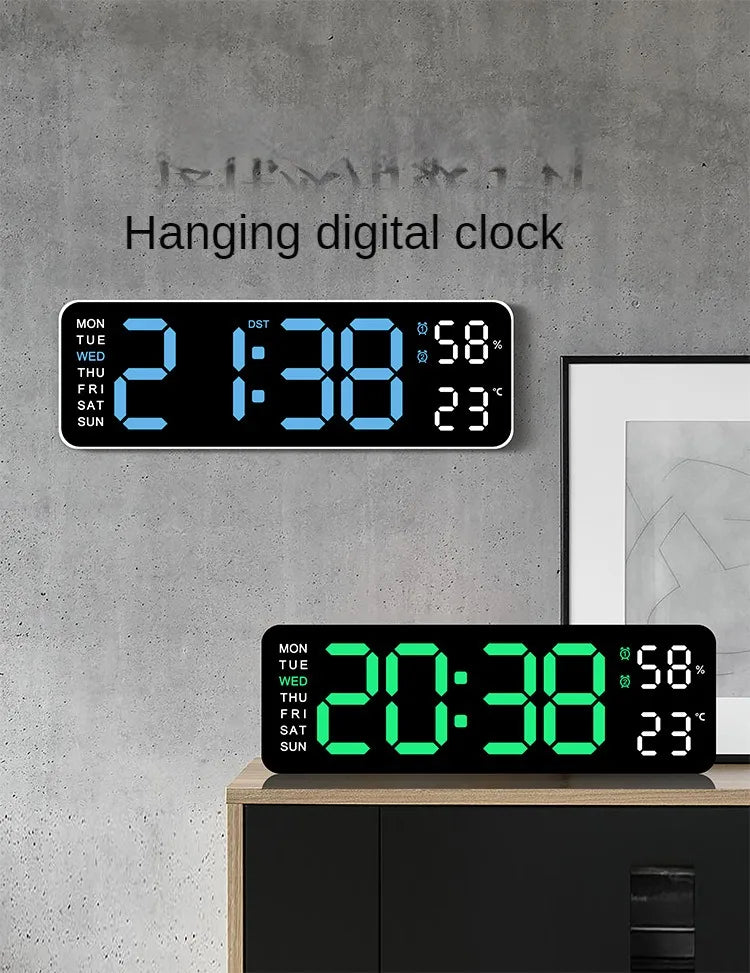 Horloge murale digitale LED – Affichage heure, température et humidité, réveil électronique avec luminosité réglable (12/24H)