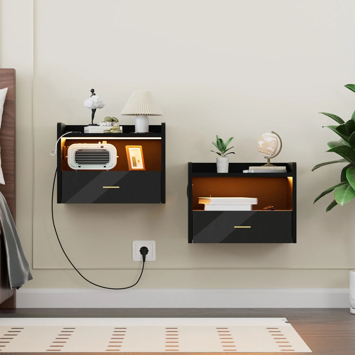 Table de chevet murale flottante avec tiroir – Prise AC, 2 ports USB et éclairage LED – Noir