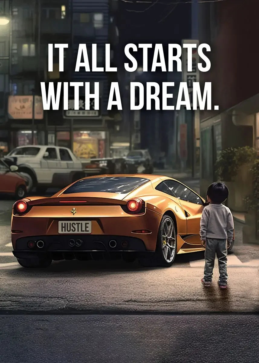 Affiche murale motivationnelle voiture de luxe – Poster citation "It Starts With A Dream", impression sur toile HD (sans cadre)