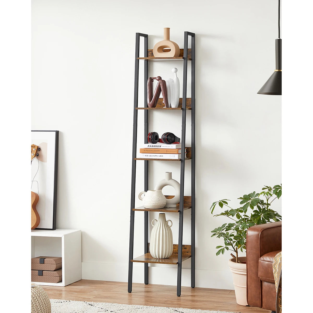 Étagère échelle VASAGLE – Style industriel marron rustique et noir, meuble de rangement 5 niveaux avec fixation murale