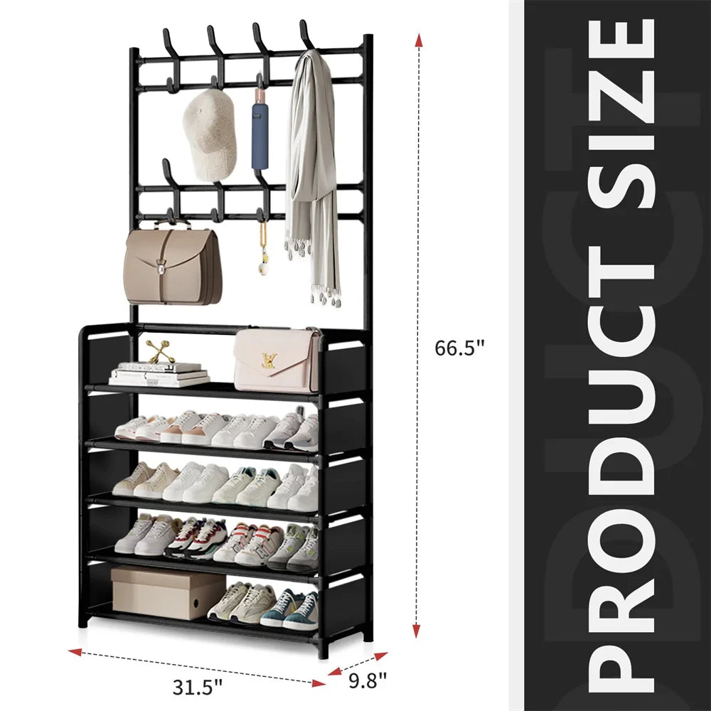 Meuble d’entrée 3-en-1 – Porte-manteaux avec 5 étagères à chaussures et 8 crochets, rangement métal moderne 80 cm
