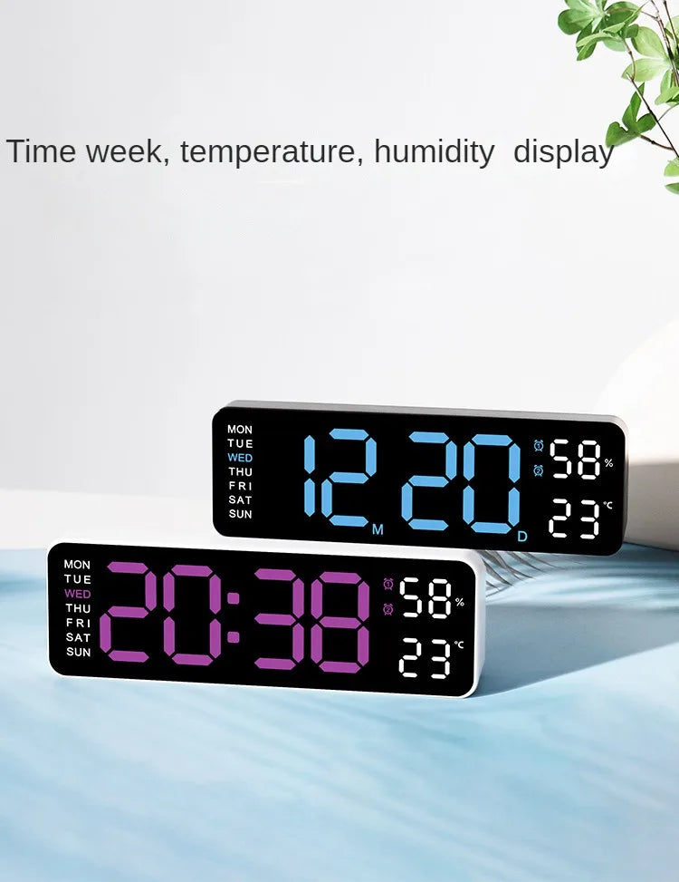 Horloge murale digitale LED – Affichage heure, température et humidité, réveil électronique avec luminosité réglable (12/24H)