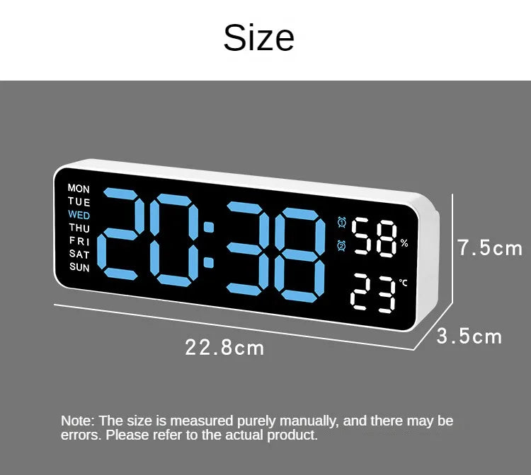 Horloge murale digitale LED – Affichage heure, température et humidité, réveil électronique avec luminosité réglable (12/24H)
