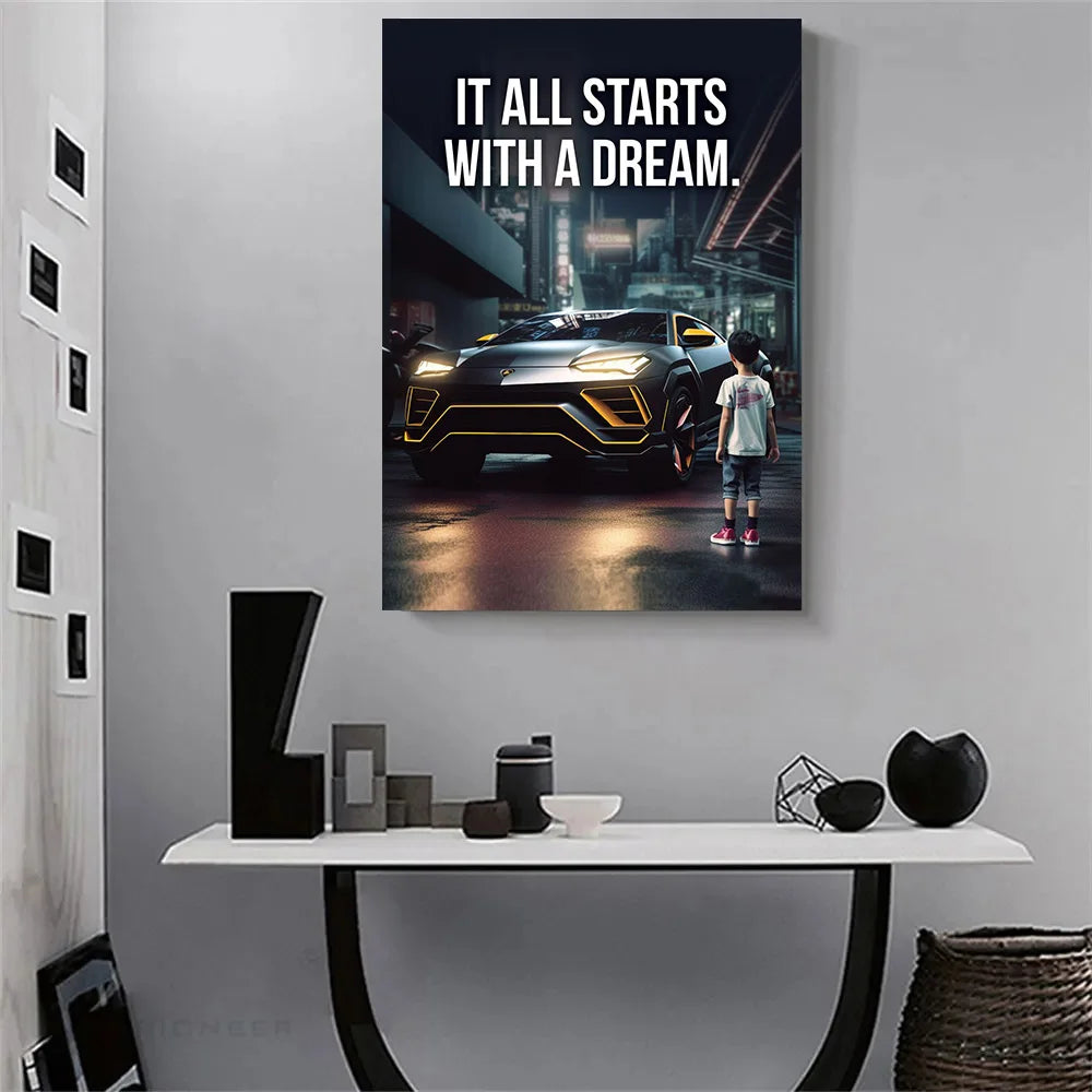 Affiche murale motivationnelle voiture de luxe – Poster citation "It Starts With A Dream", impression sur toile HD (sans cadre)