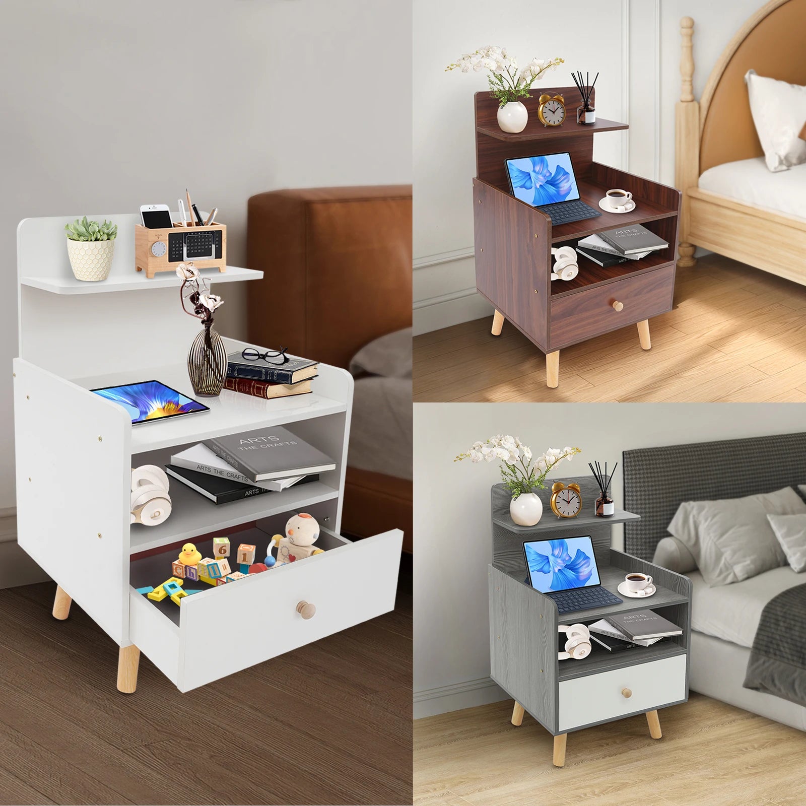 Table d’appoint étroite – Coloris Blanc / Gris / Noyer | Table de chevet, bout de canapé ou meuble de rangement pour petits espaces