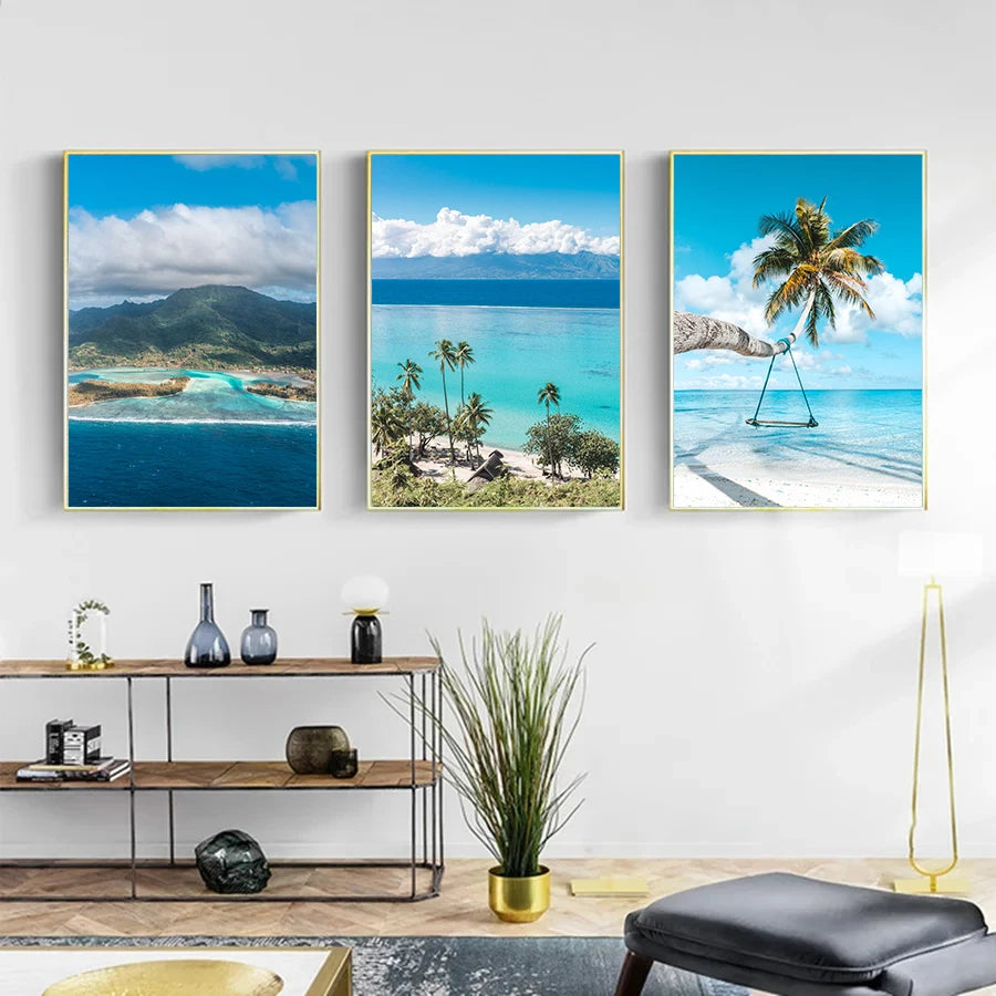 Affiche murale nordique paysage marin – Poster toile plage et océan bleu moderne pour salon et décoration intérieure (sans cadre)