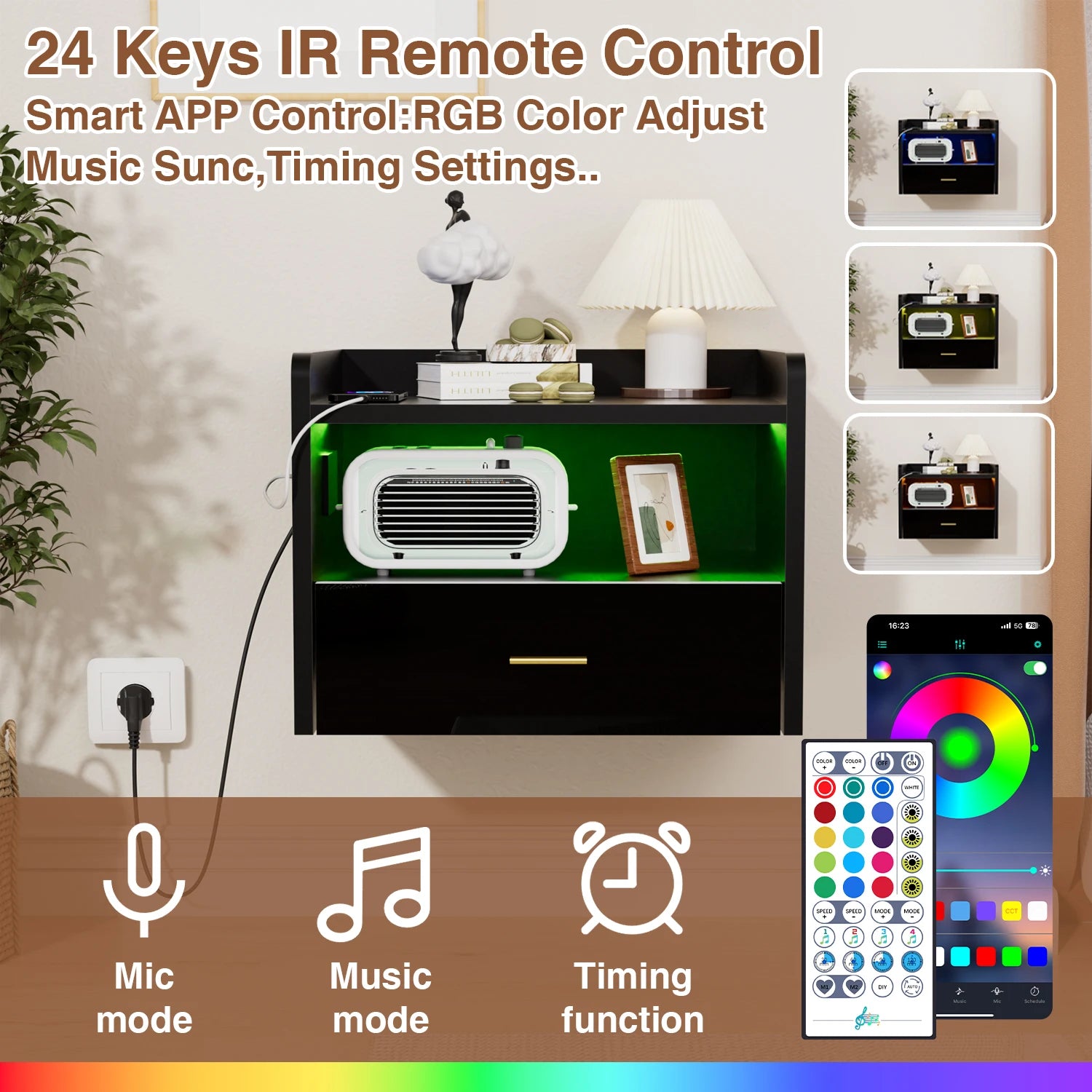 Table de chevet murale flottante avec tiroir – Prise AC, 2 ports USB et éclairage LED – Noir