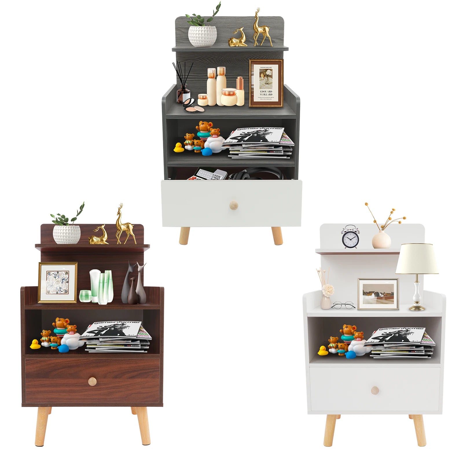 Table d’appoint étroite – Coloris Blanc / Gris / Noyer | Table de chevet, bout de canapé ou meuble de rangement pour petits espaces