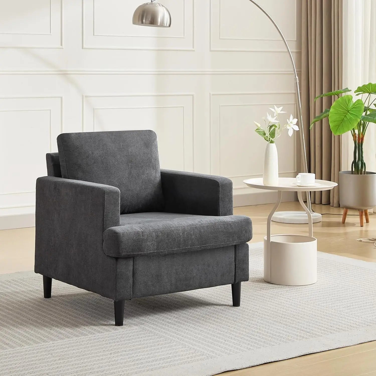 Fauteuil d’appoint style vintage – Fauteuil moderne en lin avec accoudoirs larges et pieds bois, chaise de lecture pour salon et chambre
