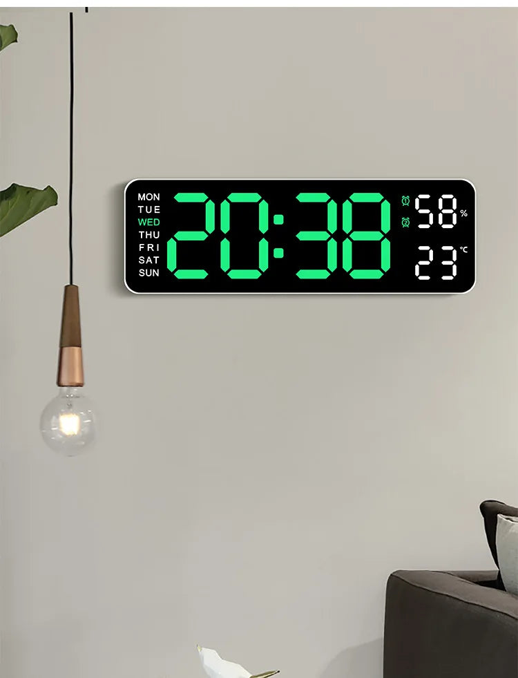 Horloge murale digitale LED – Affichage heure, température et humidité, réveil électronique avec luminosité réglable (12/24H)