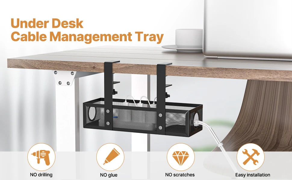 Plateau de gestion des câbles sous bureau – Fixation par pince, acier robuste, sans perçage