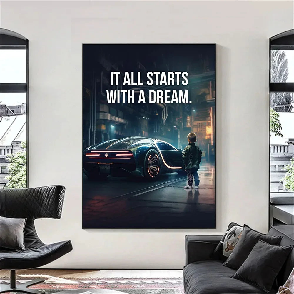 Affiche murale motivationnelle voiture de luxe – Poster citation "It Starts With A Dream", impression sur toile HD (sans cadre)
