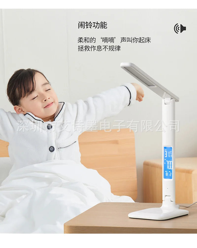 Lampe de bureau LED multifonction – Éclairage de table avec chargeur téléphone, réveil, ventilateur et porte-stylos