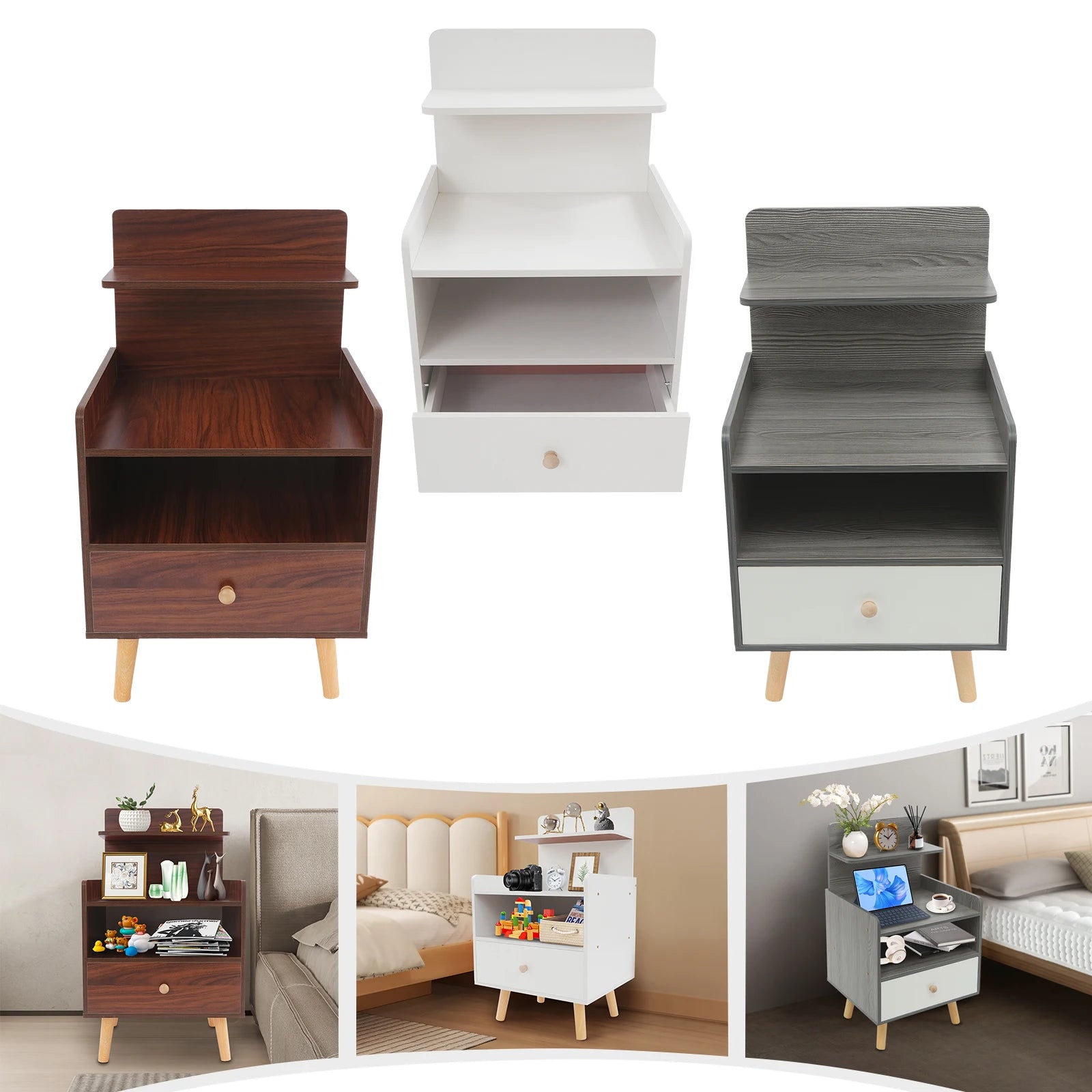 Table d’appoint étroite – Coloris Blanc / Gris / Noyer | Table de chevet, bout de canapé ou meuble de rangement pour petits espaces