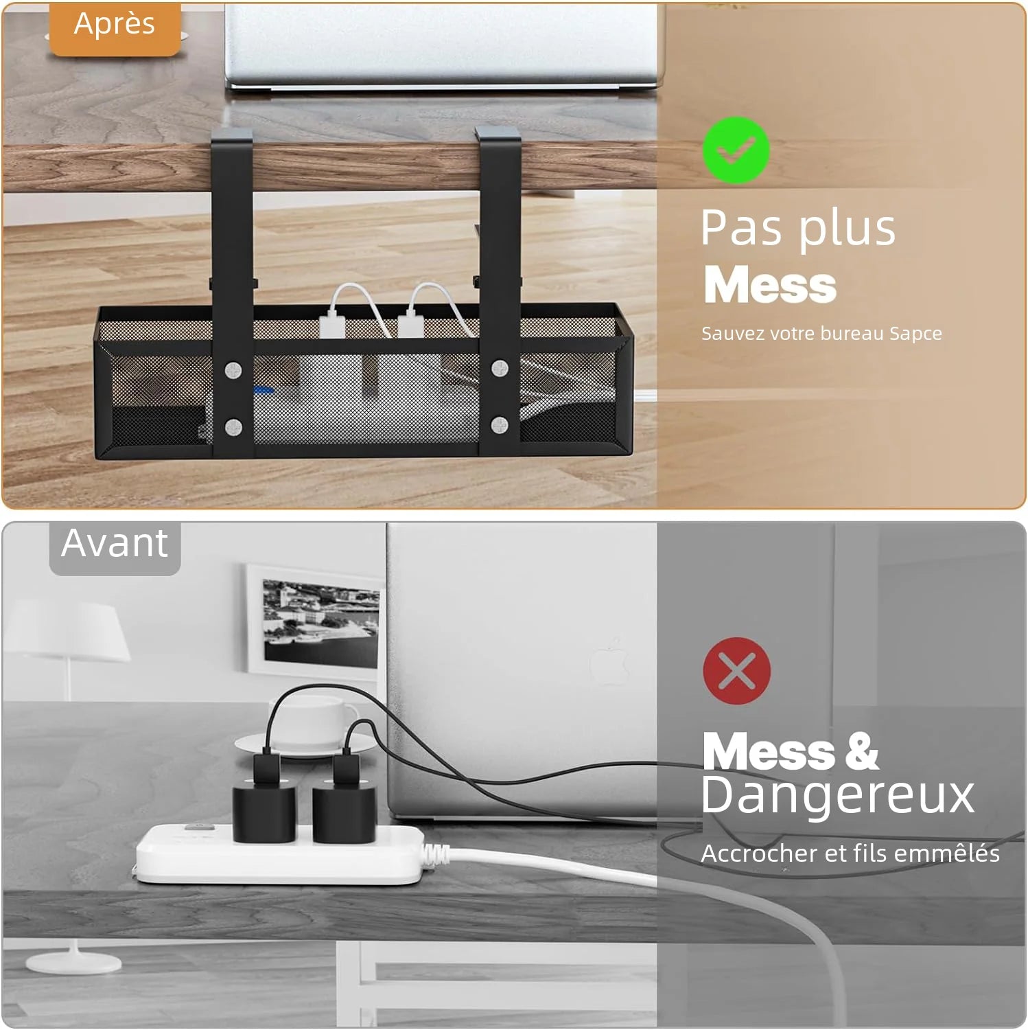 Plateau de gestion des câbles sous bureau – Fixation par pince, acier robuste, sans perçage