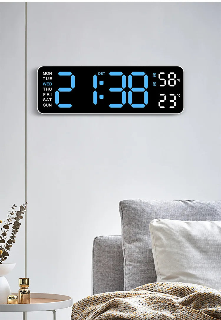 Horloge murale digitale LED – Affichage heure, température et humidité, réveil électronique avec luminosité réglable (12/24H)
