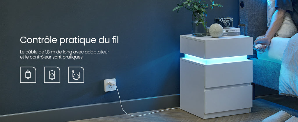 Table de chevet Moderne avec LED multicolore réglable – 3 tiroirs, style moderne, 35 × 40 × 55 cm