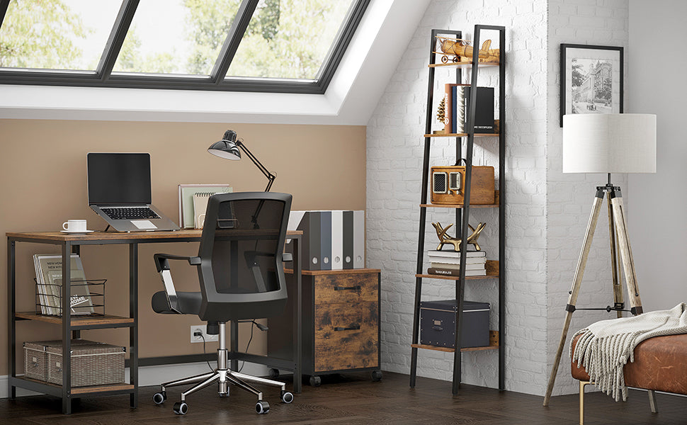 Étagère échelle VASAGLE – Style industriel marron rustique et noir, meuble de rangement 5 niveaux avec fixation murale