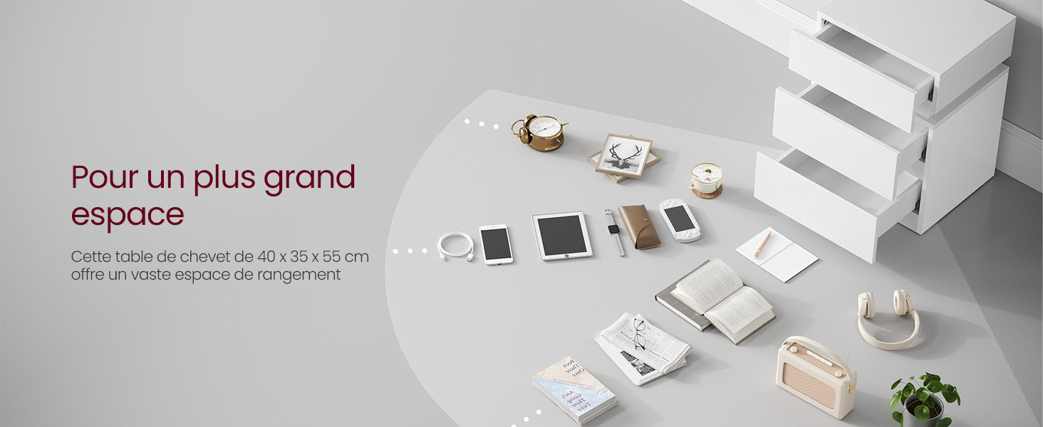 Table de chevet Moderne avec LED multicolore réglable – 3 tiroirs, style moderne, 35 × 40 × 55 cm