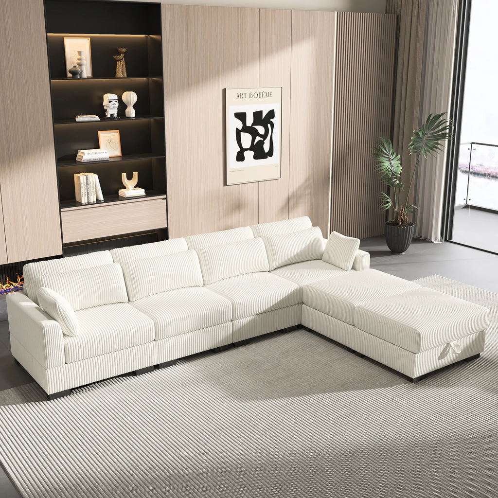 Canapé modulable en velours côtelé – Sofa d’angle en U avec coussins et accoudoirs larges, convertible avec rangement intégré