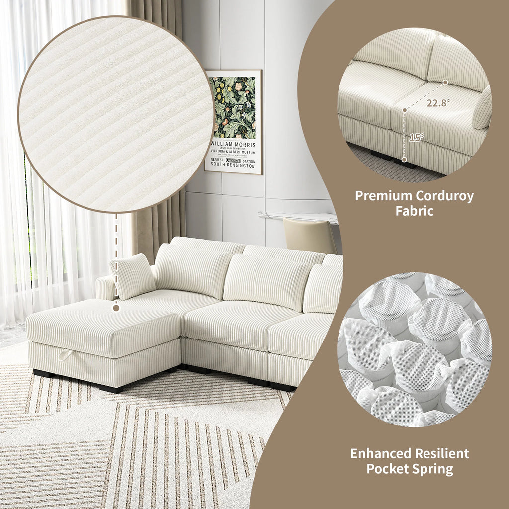 Canapé modulable en velours côtelé – Sofa d’angle en U avec coussins et accoudoirs larges, convertible avec rangement intégré