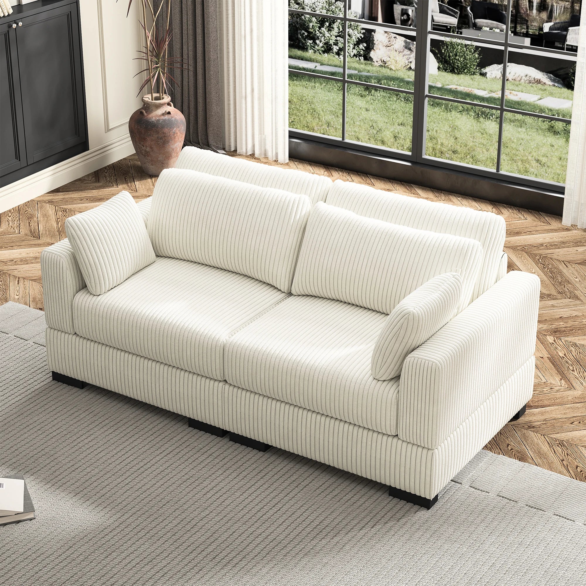 Canapé modulable en velours côtelé – Sofa d’angle en U avec coussins et accoudoirs larges, convertible avec rangement intégré