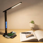 Lampe de bureau LED multifonction – Éclairage de table avec chargeur téléphone, réveil, ventilateur et porte-stylos