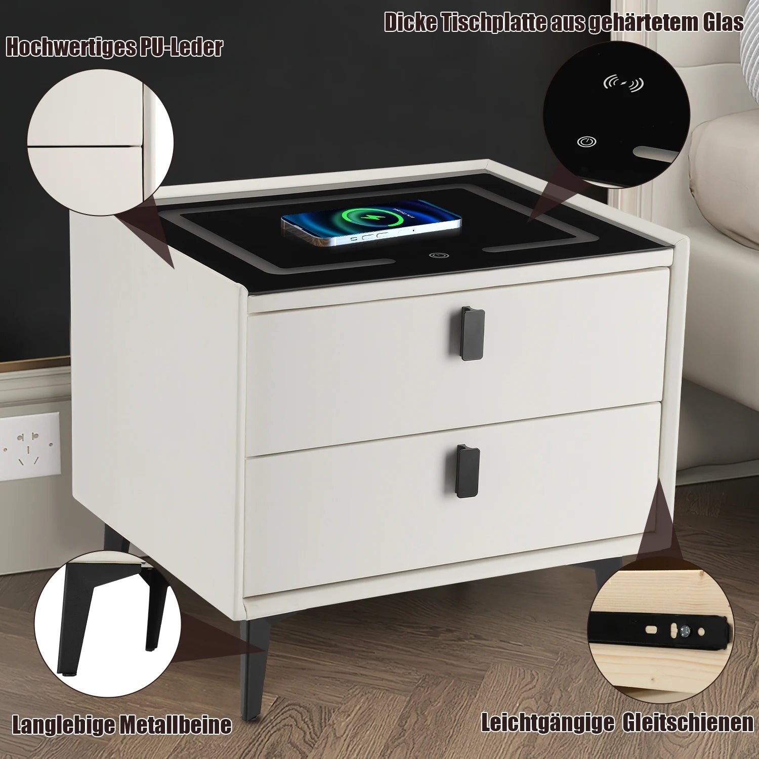 Table de chevet intelligente avec chargeur sans fil – LED intégrée et 2 tiroirs | Commode moderne pour chambre ou salon