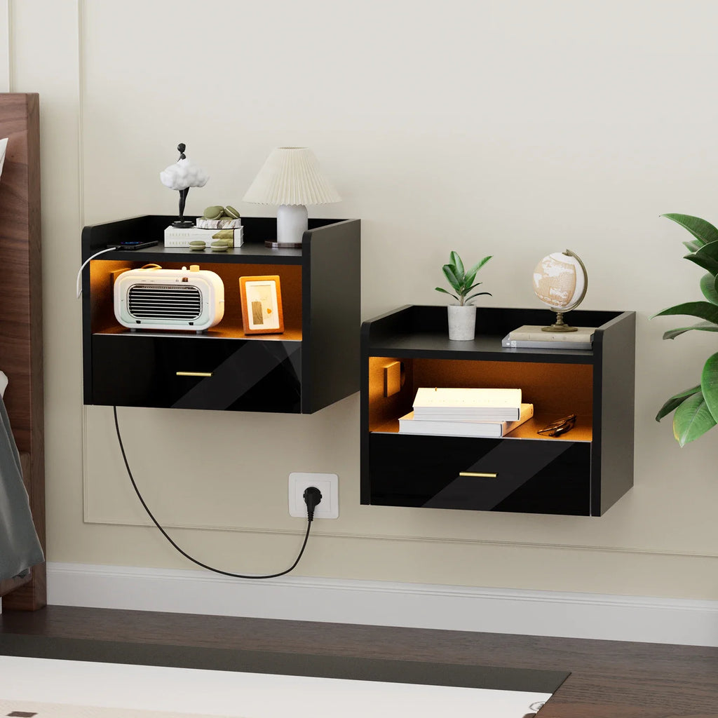 Table de chevet murale flottante avec tiroir – Prise AC, 2 ports USB et éclairage LED – Noir