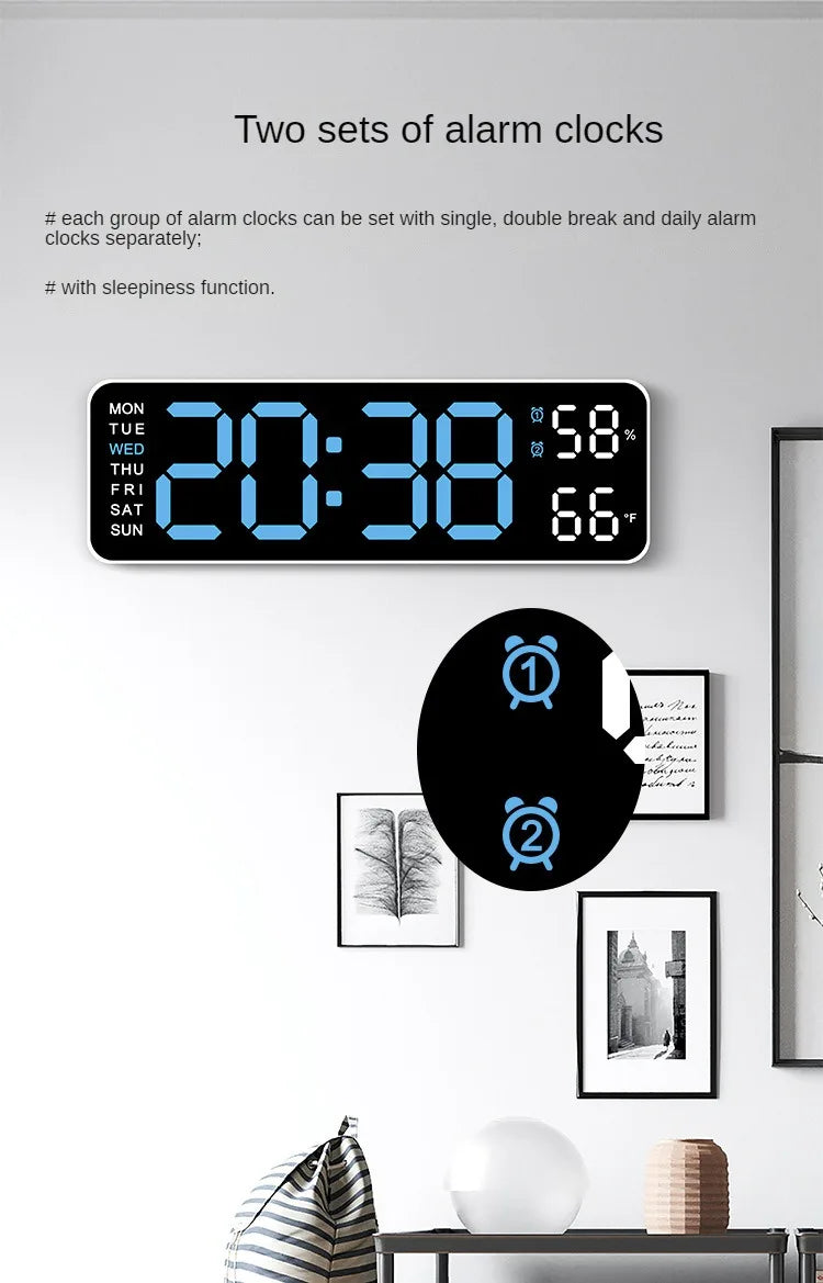 Horloge murale digitale LED – Affichage heure, température et humidité, réveil électronique avec luminosité réglable (12/24H)