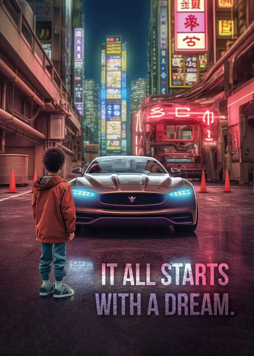 Affiche murale motivationnelle voiture de luxe – Poster citation "It Starts With A Dream", impression sur toile HD (sans cadre)