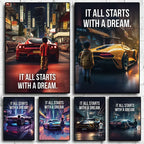 Affiche murale motivationnelle voiture de luxe – Poster citation "It Starts With A Dream", impression sur toile HD (sans cadre)