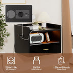 Table de chevet murale flottante avec tiroir – Prise AC, 2 ports USB et éclairage LED – Noir