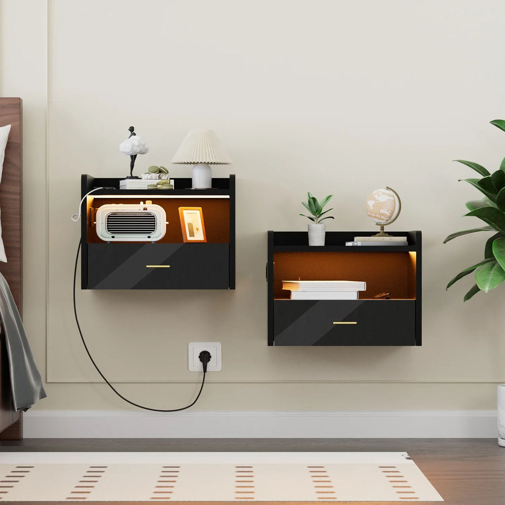 Table de chevet murale flottante avec tiroir – Prise AC, 2 ports USB et éclairage LED – Noir