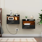 Table de chevet murale flottante avec tiroir – Prise AC, 2 ports USB et éclairage LED – Noir