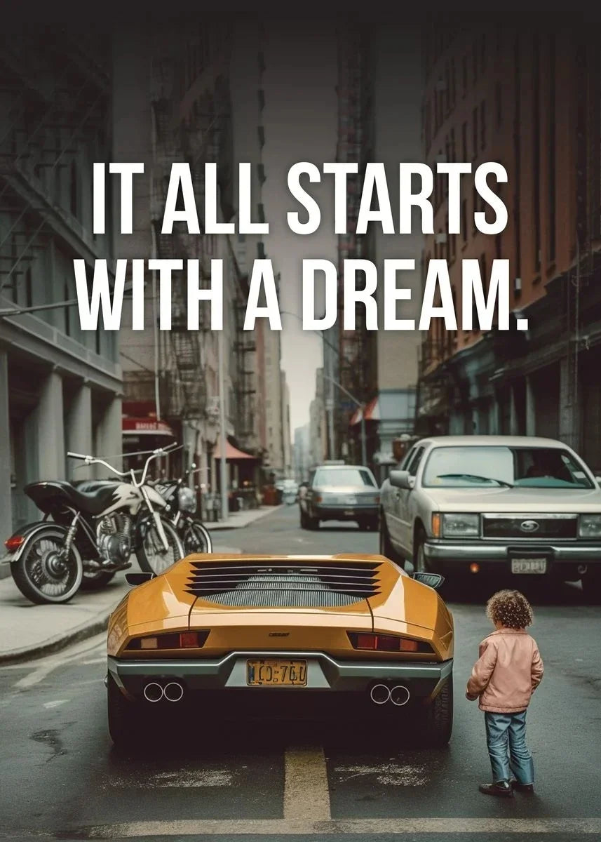 Affiche murale motivationnelle voiture de luxe – Poster citation "It Starts With A Dream", impression sur toile HD (sans cadre)