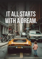 Affiche murale motivationnelle voiture de luxe – Poster citation "It Starts With A Dream", impression sur toile HD (sans cadre)
