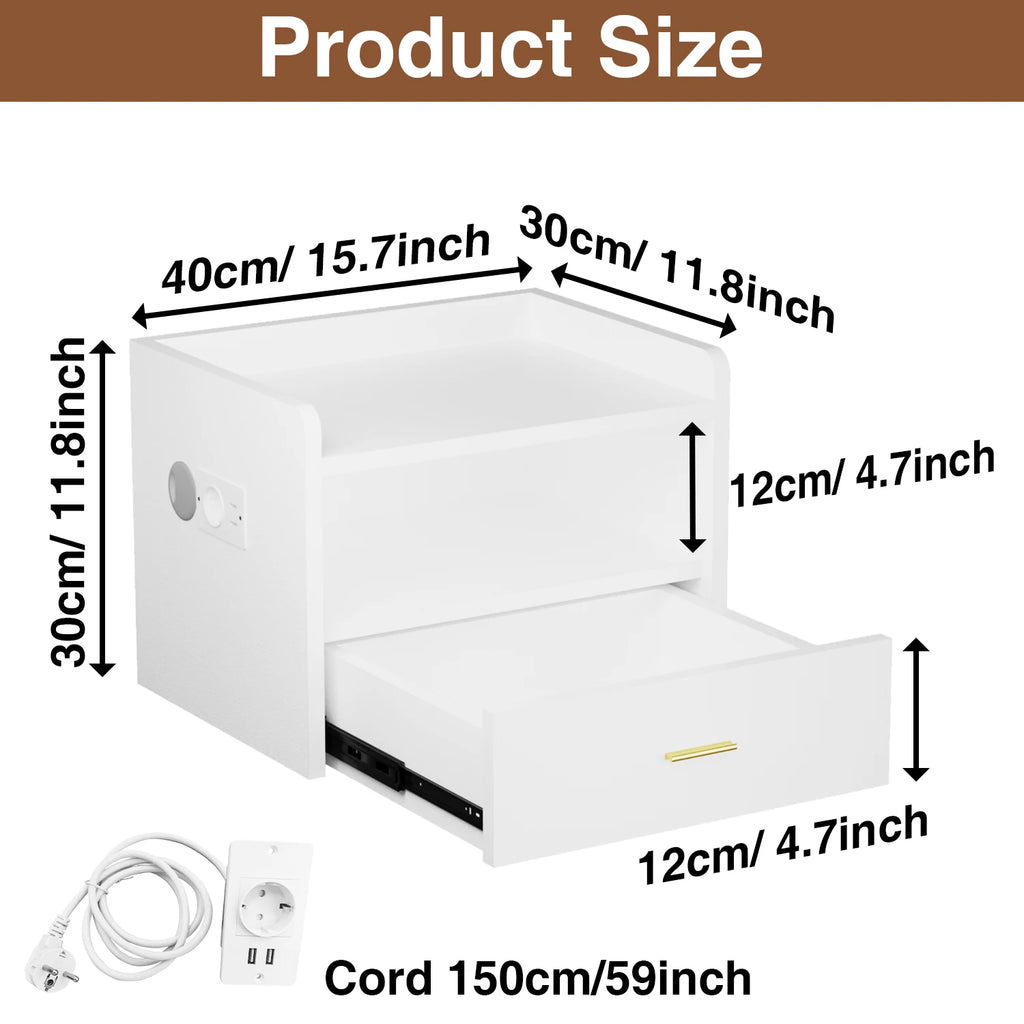 Table de chevet murale flottante avec tiroir – Prise AC, 2 ports USB et éclairage LED – Noir