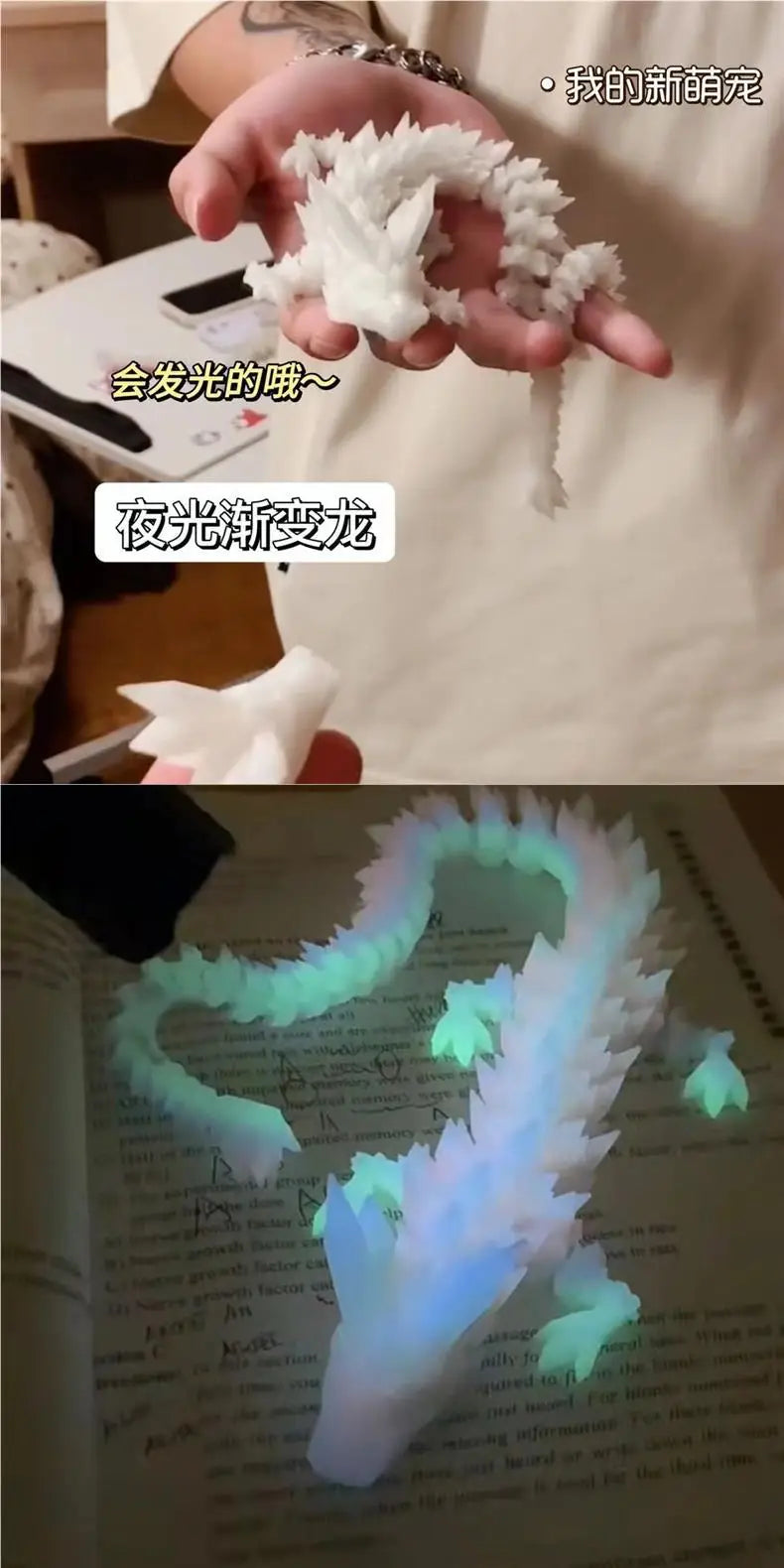 Dragon articulé 3D phosphorescent – Figurine cristal rotative, jouet décoratif lumineux