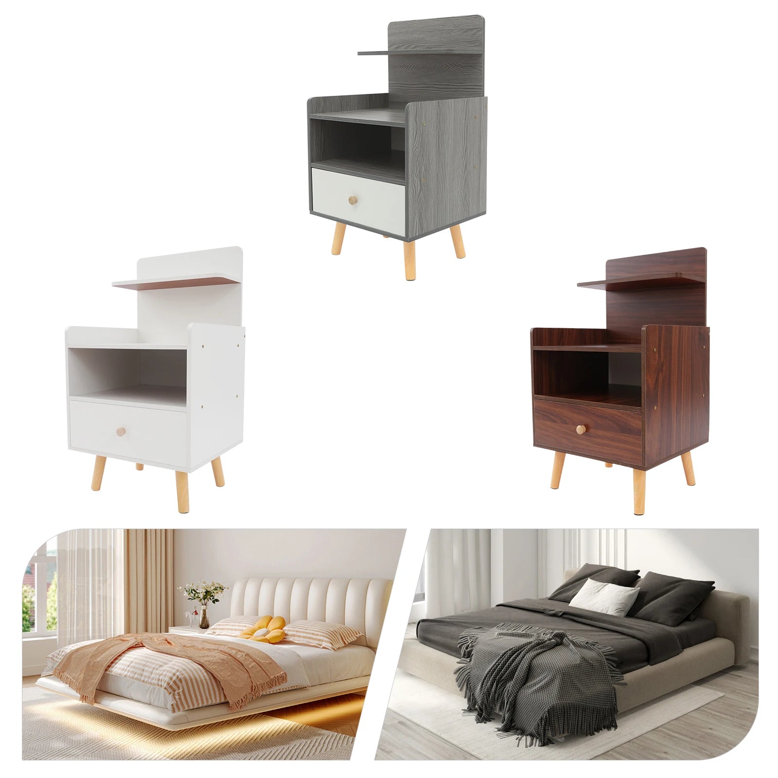 Table d’appoint étroite – Coloris Blanc / Gris / Noyer | Table de chevet, bout de canapé ou meuble de rangement pour petits espaces