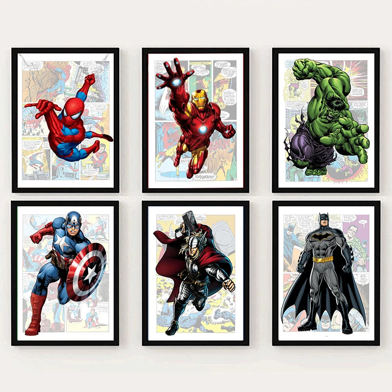 Poster Marvel Avengers sur toile – Spiderman, Captain America, comics Disney, décoration murale chambre enfant (sans cadre)
