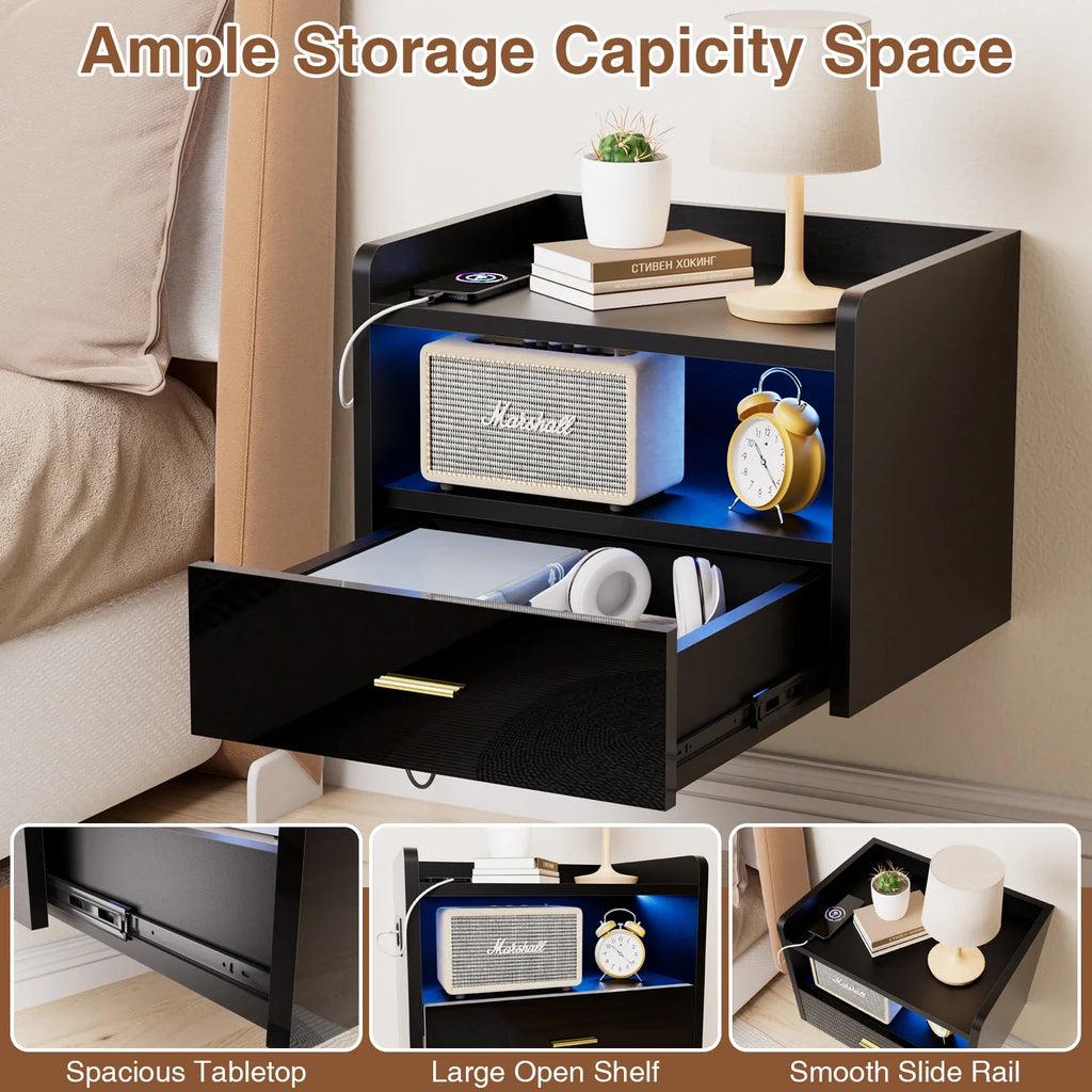 Table de chevet murale flottante avec tiroir – Prise AC, 2 ports USB et éclairage LED – Noir