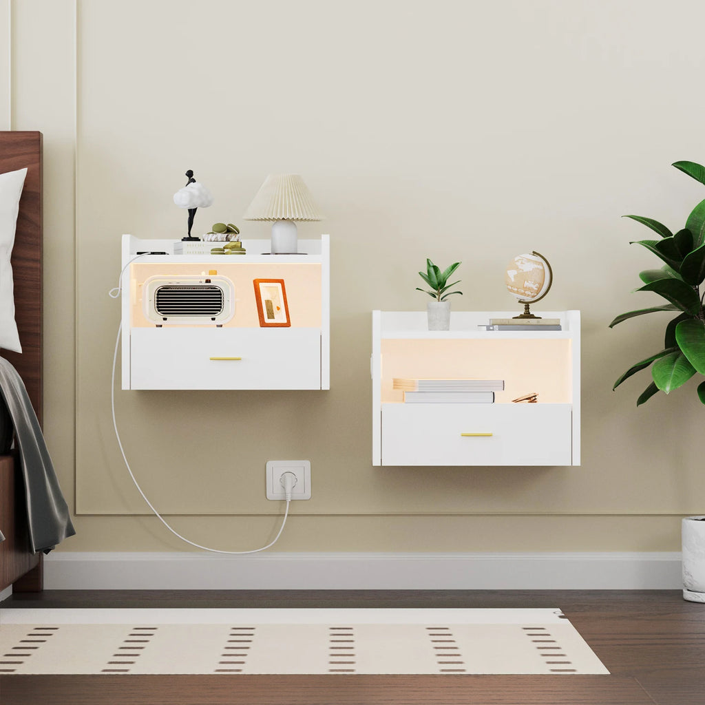 Table de chevet murale flottante avec tiroir – Prise AC, 2 ports USB et éclairage LED – Noir